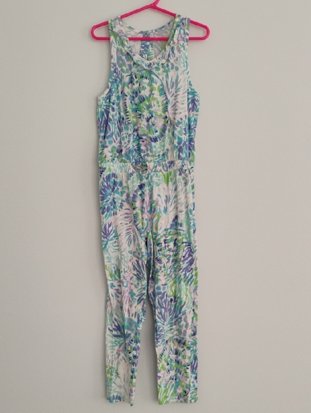 Lilly Pulitzer Vala Tropical Aqua Purple Jumpsuit Koalafications  M (6-7)